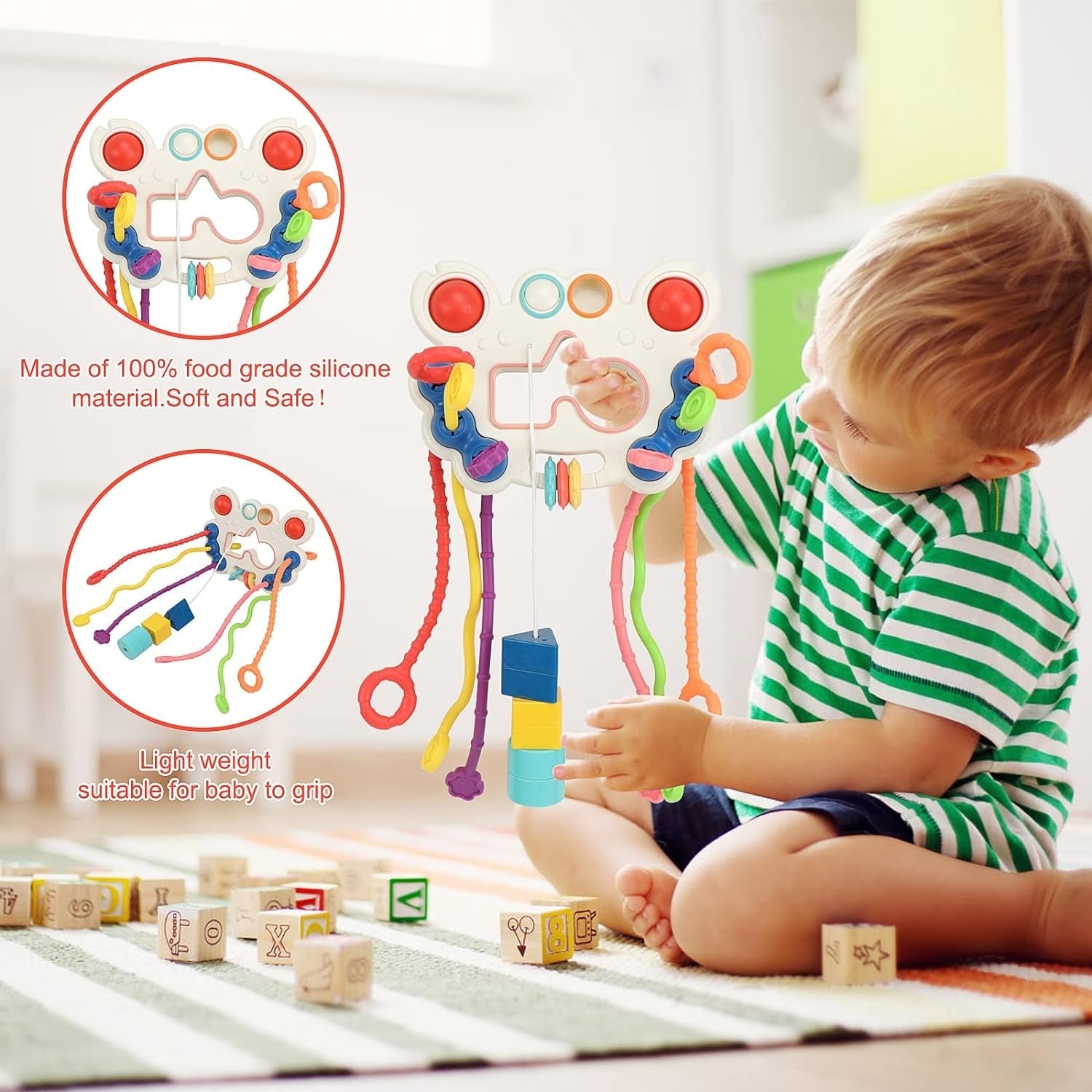 Fidtoy 5-in-1 Pull String Motor Skills and Sensory Activity Toy for Babies, Crab-Shaped Silicone Pull Toy with Press Buttons, Textures, Fine Motor and Travel Play Age 0–2