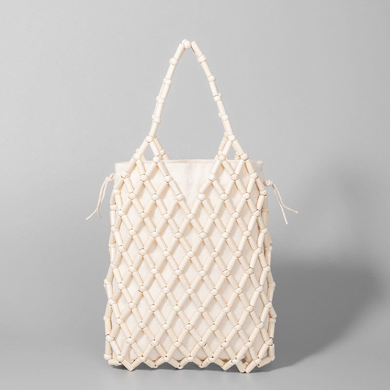 Buddha Stones Hand-woven Mesh Hollow Wooden Beads Handbag Handbags BS White 15*4*25cm