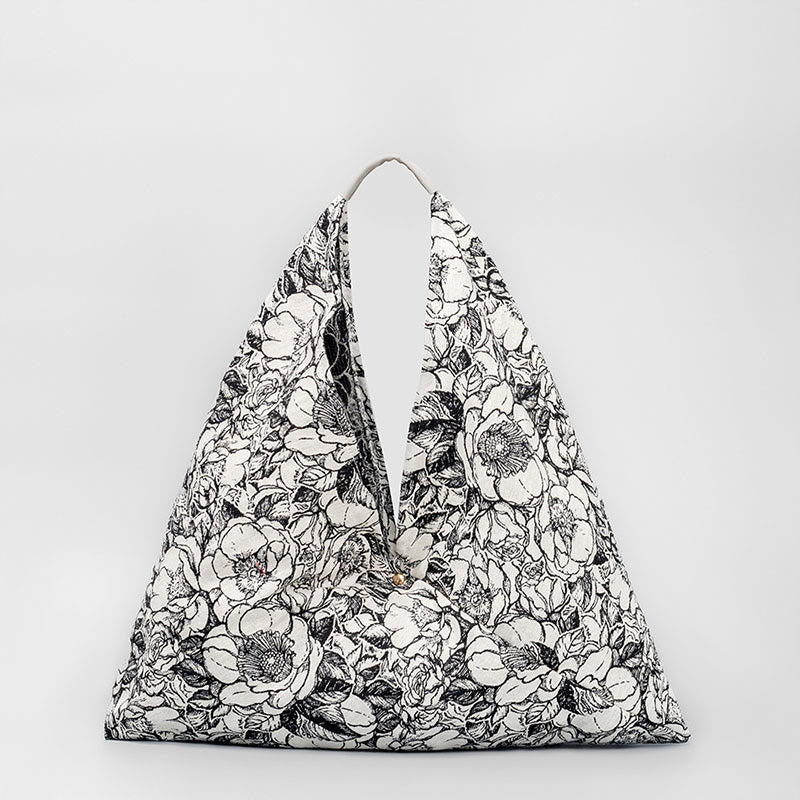 Buddha Stones Flowers Letters Butterfly Geometry Print Underarm Triangle Shoulder Bag Handbags BS White Black Flowers 58*52cm