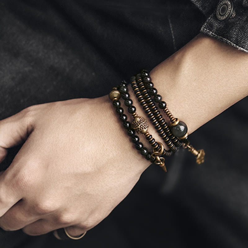 Buddha Stones Rainbow Obsidian Ebony Wood Copper Positive Multilayer Bracelet Bracelet BS 13