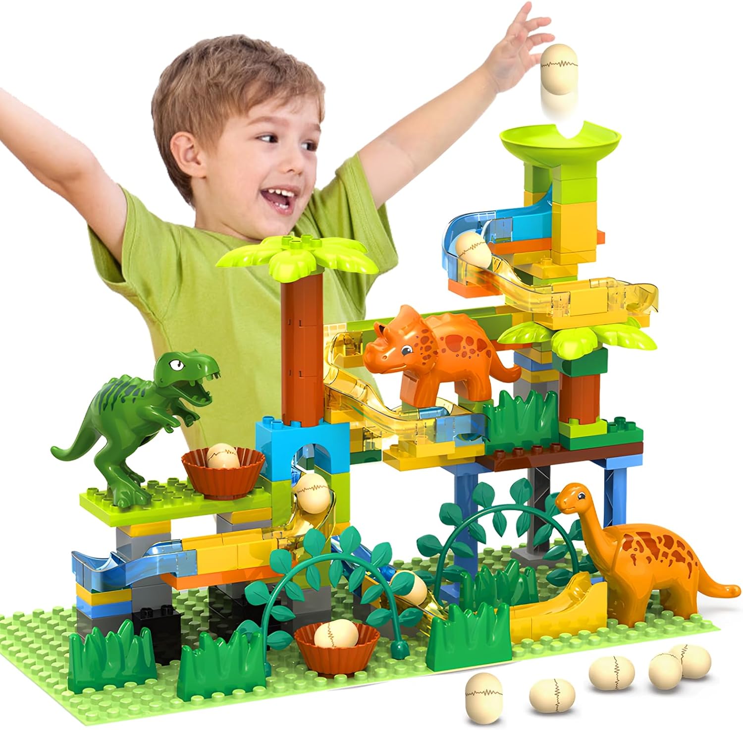 Fidtoy Piste de course à billes dinosaure pour enfants – Jouet de construction STEM Jurassic de 125 pièces avec œufs de dinosaure, entonnoir, labyrinthe de billes et jeu de construction créatif