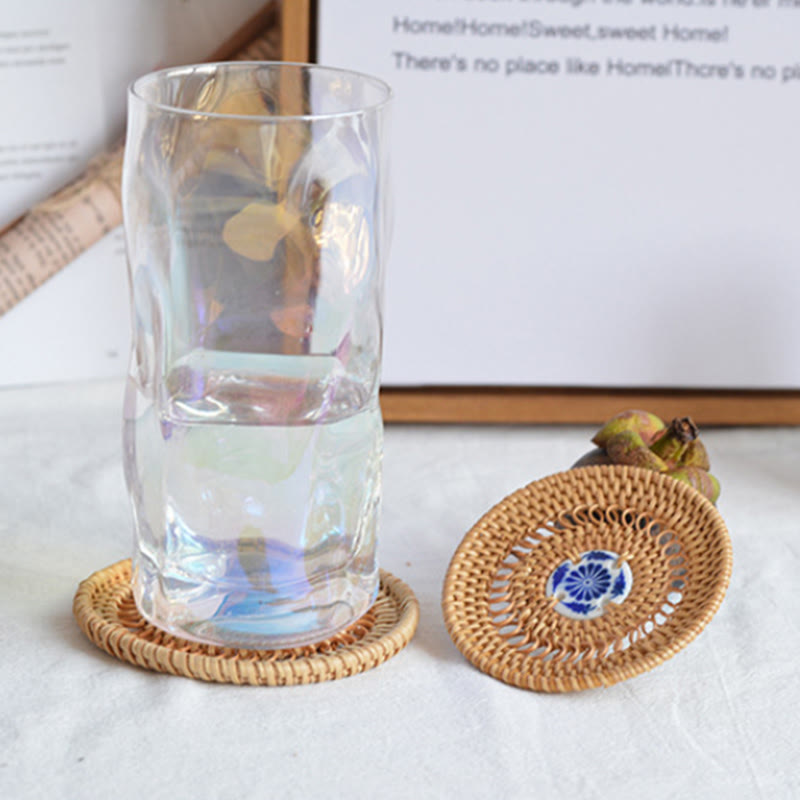 Buddha Stones Ceramic Flower Pattern Rattan Cup Mat Tea Cup Coaster Decorations BS 4