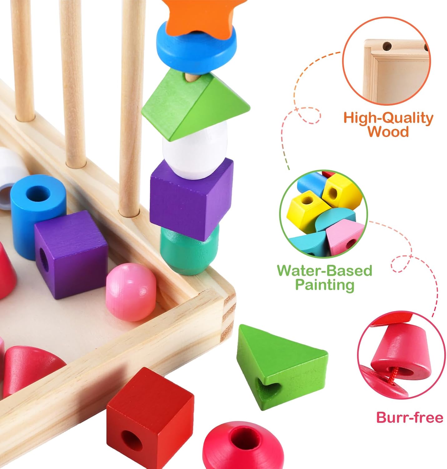 Fidtoy Montessori Juego de emparejar formas de madera, juguete de secuencia y enhebrado para niños pequeños