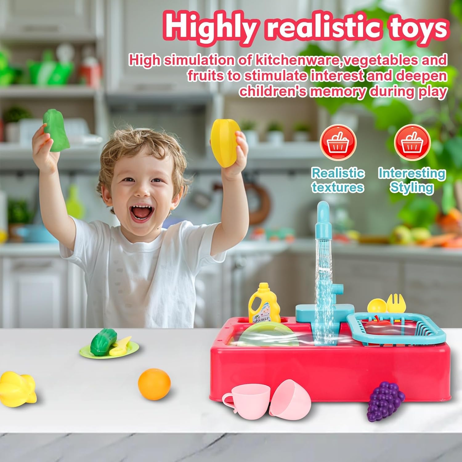 Fidtoy Play Kitchen Sink Toy with Running Water – Interactive Pretend Kitchen Playset for Kids
