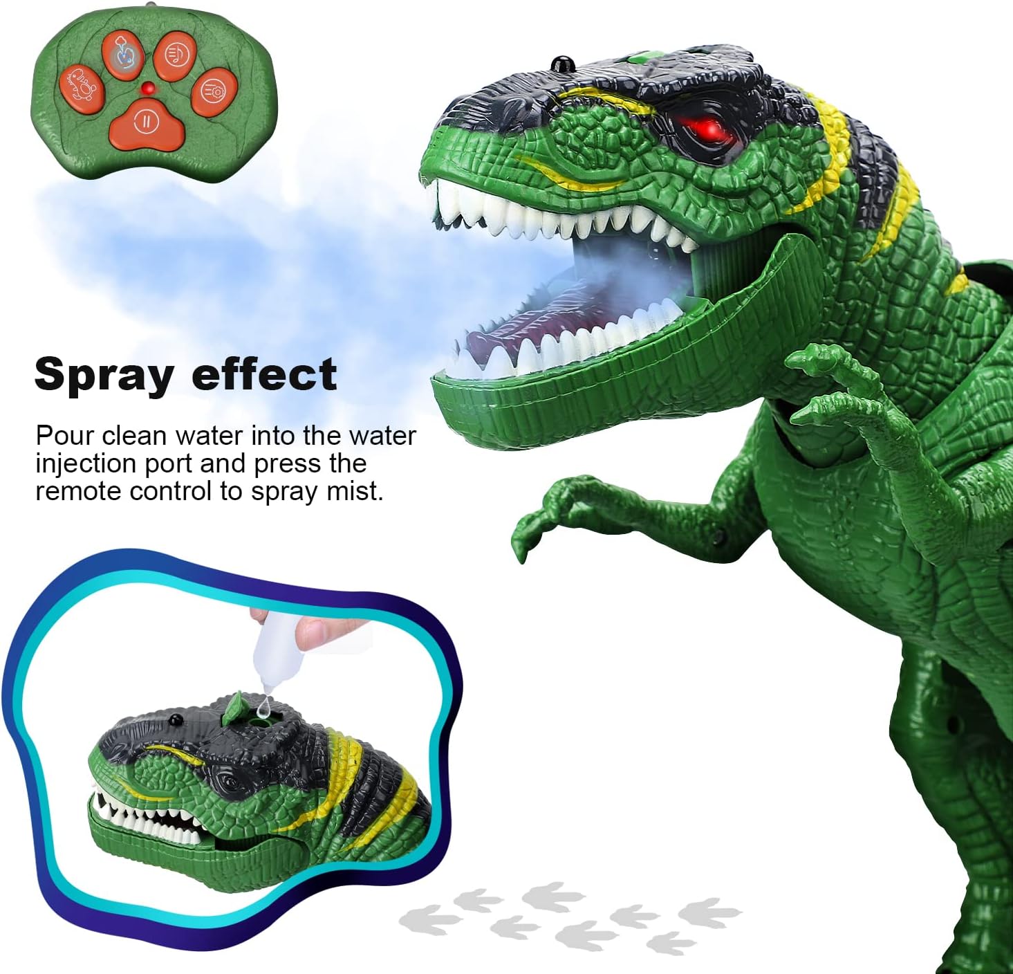 Juguete de dinosaurio T-Rex con control remoto Fidtoy y pulverizador de niebla para niños