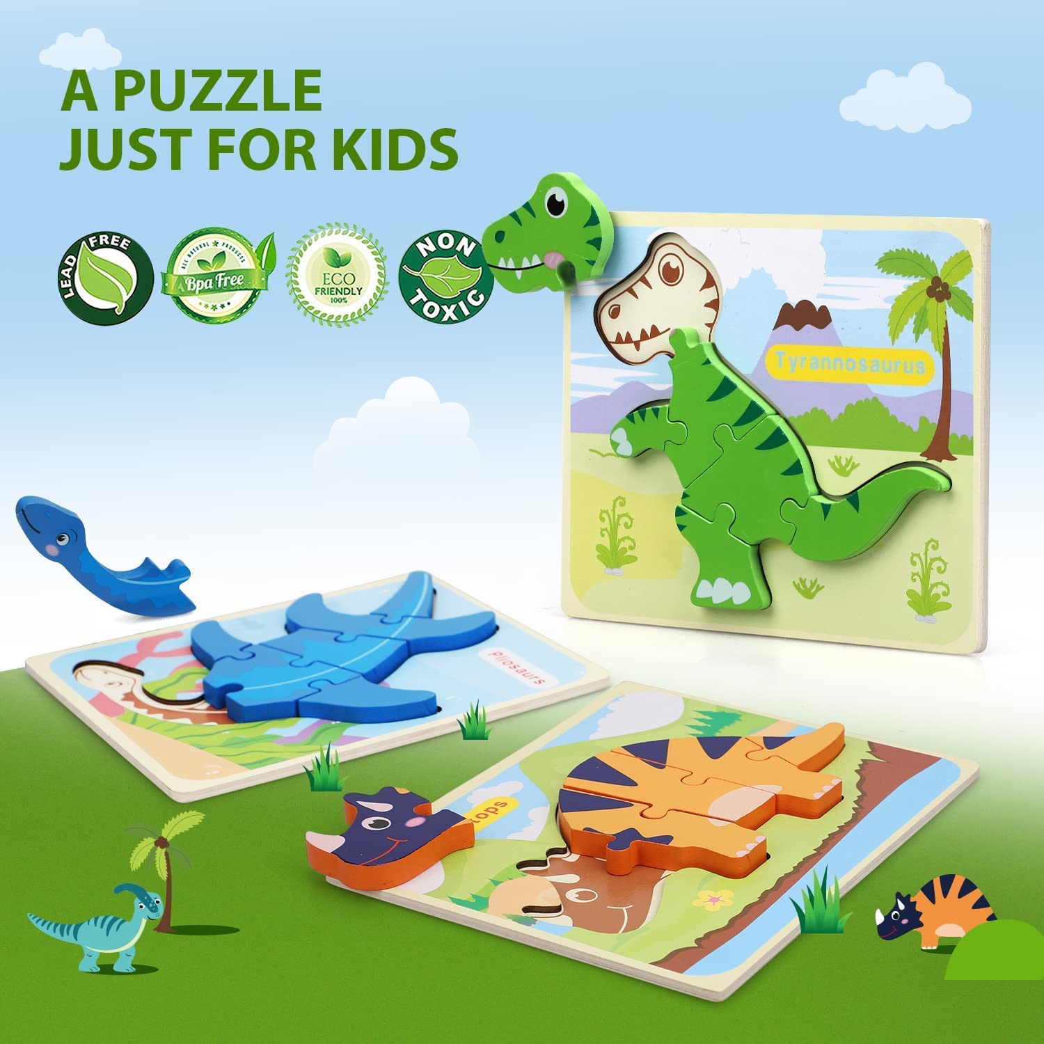 Fidtoy Dinosaur Wooden Puzzle Set for Kids Early Learning Toy