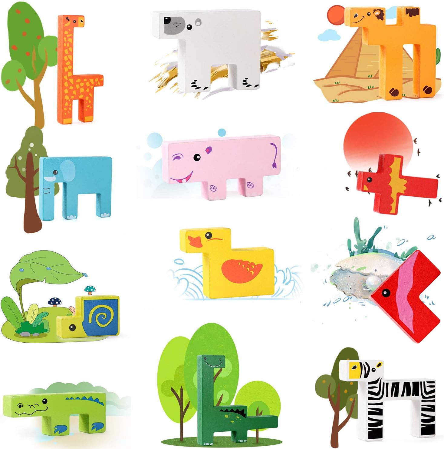 Fidtoy Wooden Animal Creative Challenge Puzzle Board for Kids | 13-Piece Animal Shape Matching Puzzle, Geometric Sorting, Stacking Blocks, Fine Motor & Problem-Solving Toy Age 2-6