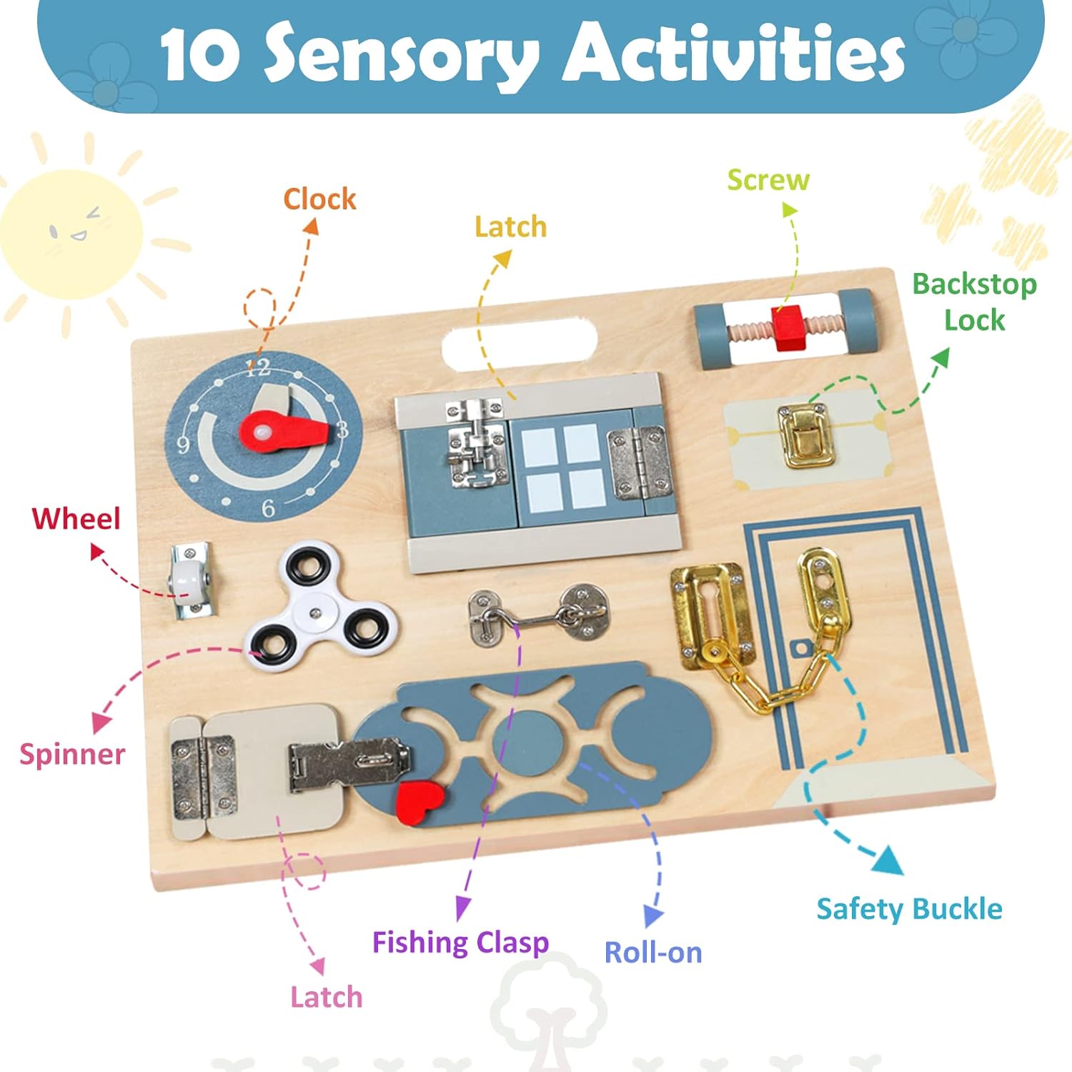 Smartwo Double-Sided Montessori Busy Board for Toddlers 3-5, Train Babies Fine Motor Skills, Toddler Boy Toy of Sensory Activity Board, Wooden Busy Board for 3+ Year Old Kids Birthday Gift