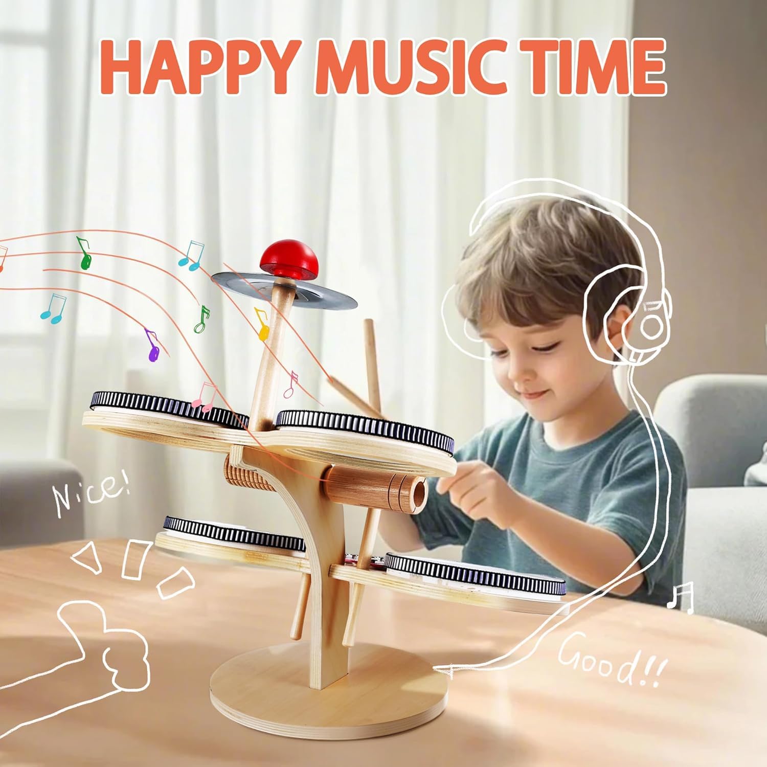 Fidtoy Wooden Percussion Instruments Set for Kids - Xylophone, Drum, Cymbals