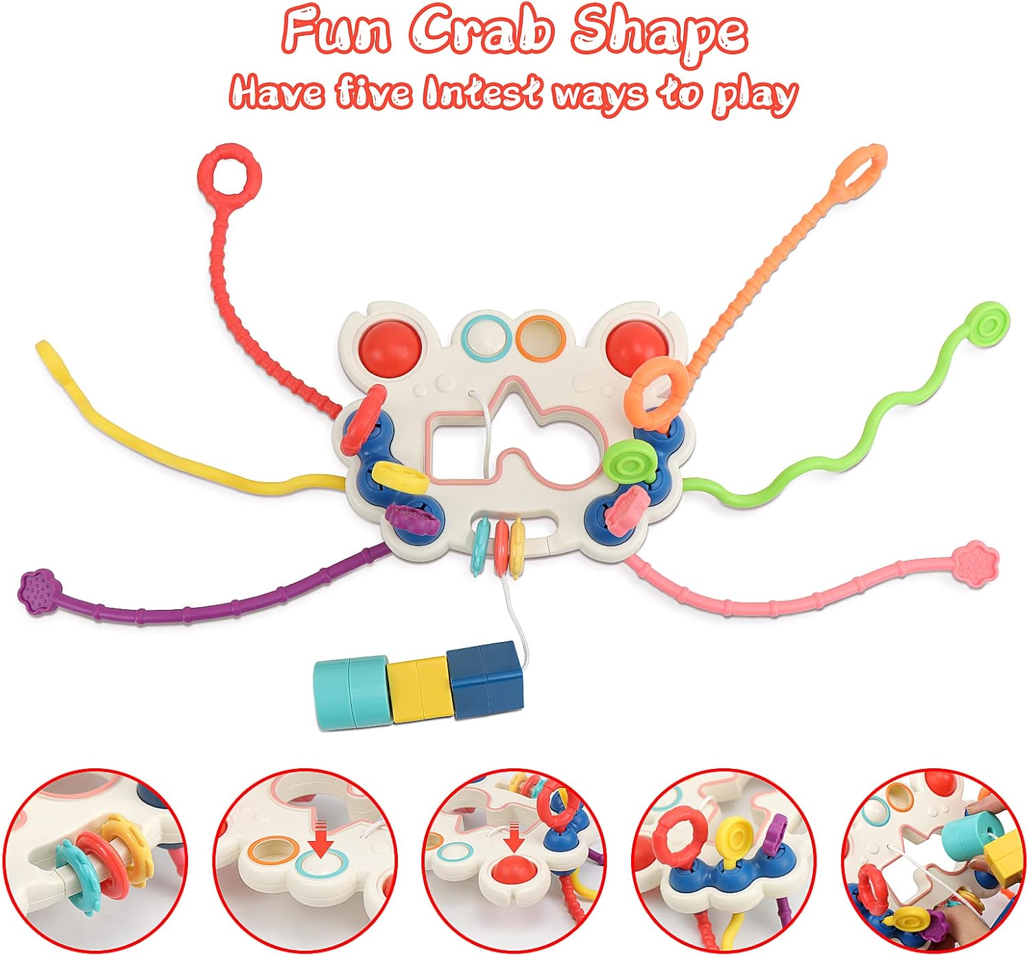Fidtoy 5-in-1 Pull String Motor Skills and Sensory Activity Toy for Babies, Crab-Shaped Silicone Pull Toy with Press Buttons, Textures, Fine Motor and Travel Play Age 0–2