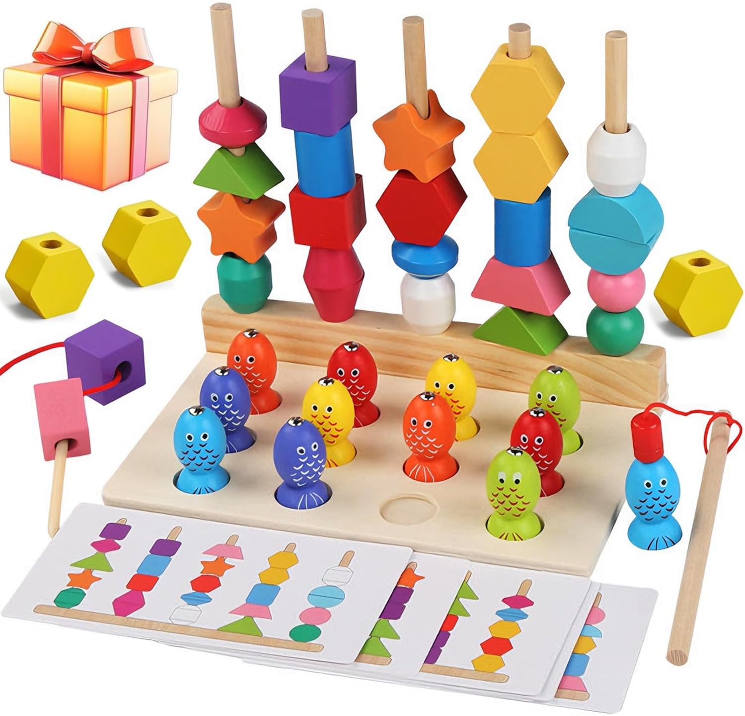 Fidtoy Wooden Five Sets of Shape Columns Lacing and Fishing Game 30 Beads Sorting Stacking Toy for Kids Ages 3+