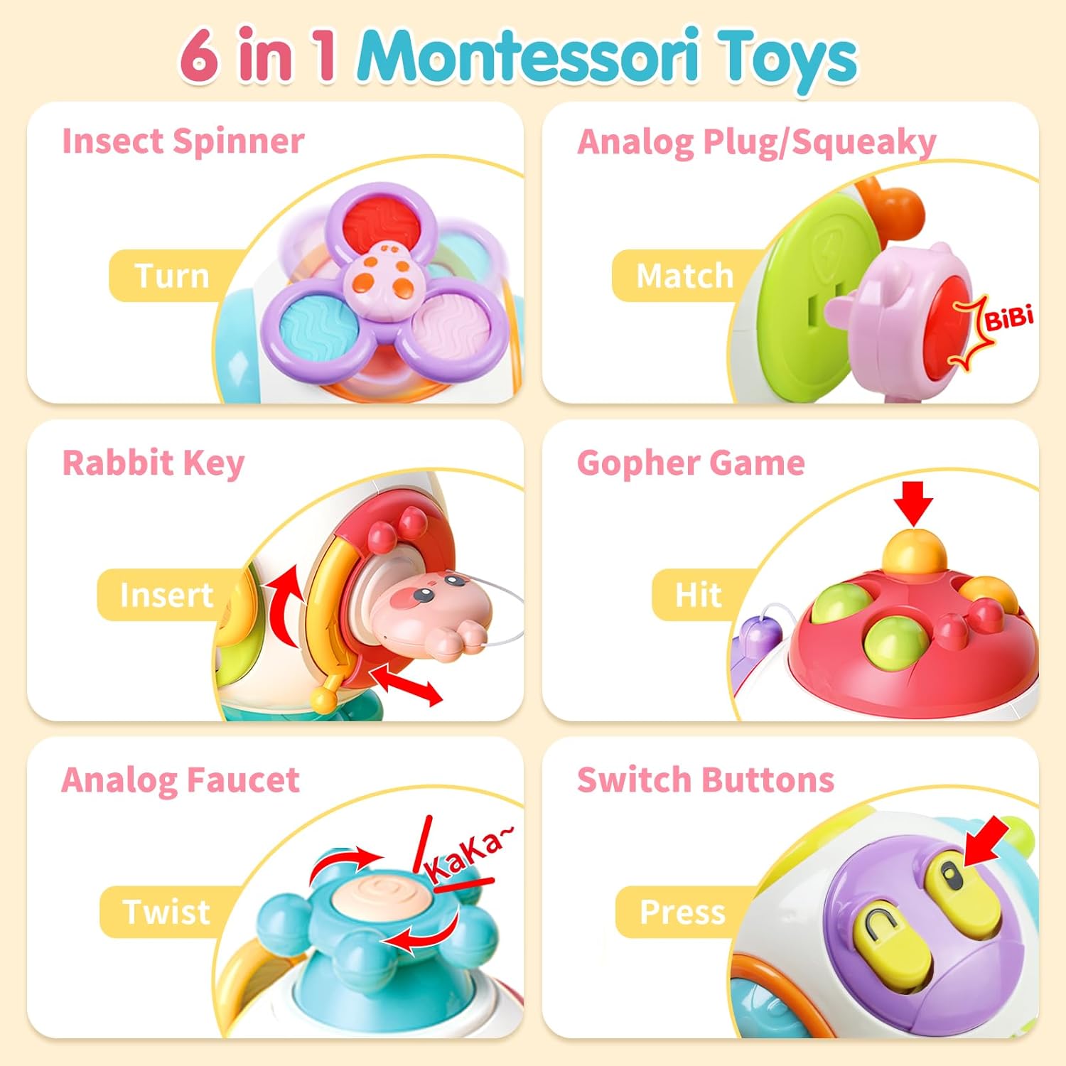 Fidtoy 6-in-1 Busy Catch Ball Activity Cube for Toddlers, Montessori Sensory Busy Cube with Switches, Plug, Rabbit Key, Fidget Spinner and Fine Motor Activities Age 18M+