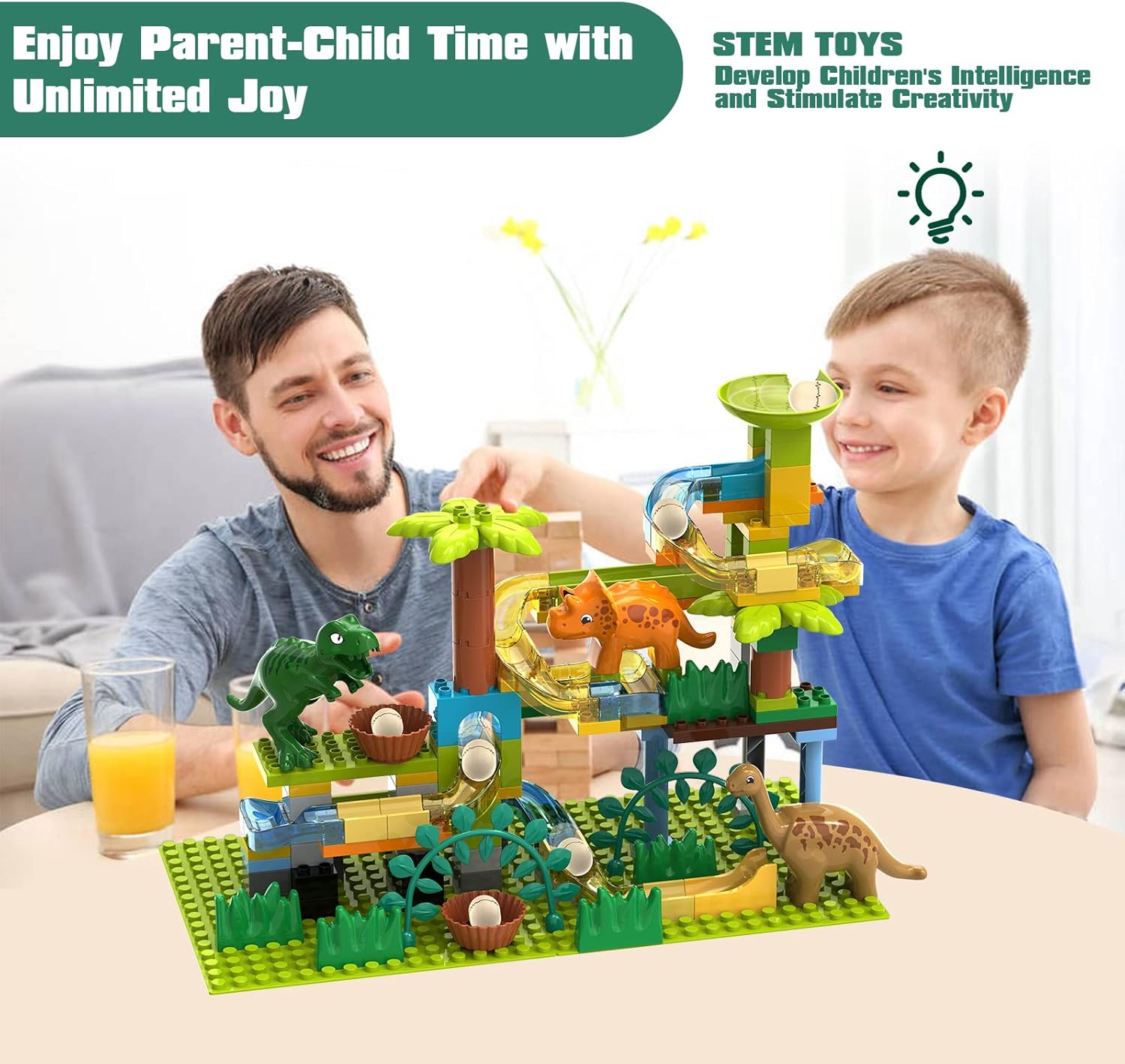 Fidtoy Piste de course à billes dinosaure pour enfants – Jouet de construction STEM Jurassic de 125 pièces avec œufs de dinosaure, entonnoir, labyrinthe de billes et jeu de construction créatif