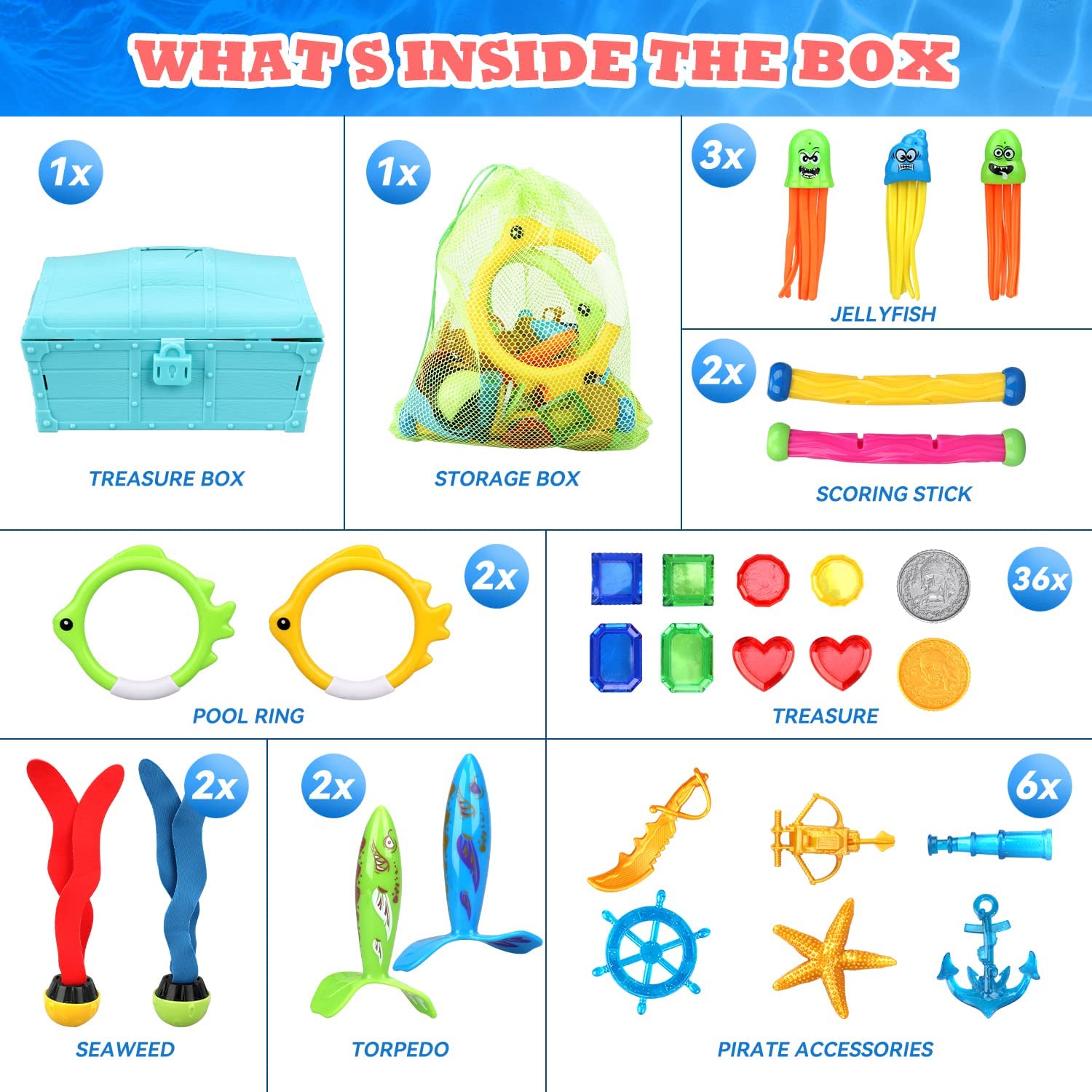 Juego de juguetes de buceo Fidtoy para piscina para niños de 4 a 8 años, búsqueda del tesoro