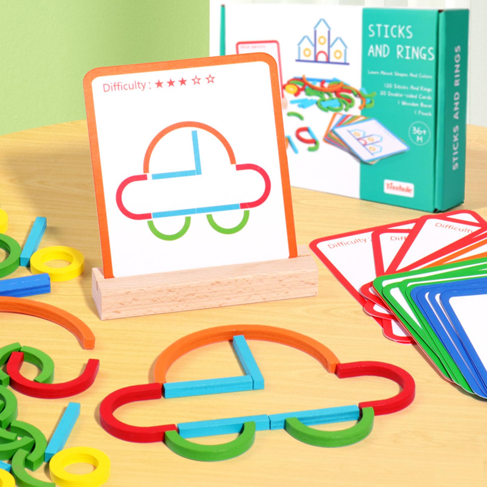 Fidtoy Palos y Anillos de Madera con Patrones de Coincidencia – Juego de Memoria y Habilidades Cognitivas para Niños