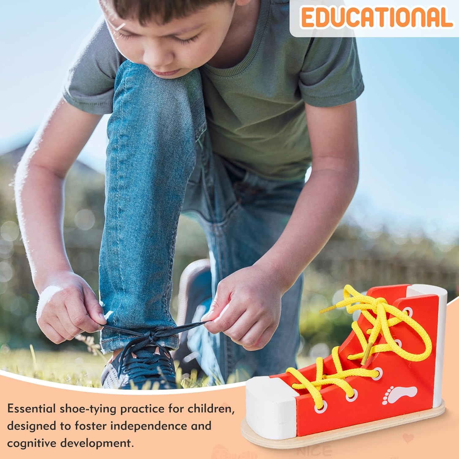 Práctica de Atado de Zapatos para Niños, Práctica de Atado de Zapatos Rojos para Niños con Cordones de Enhebrado, Entrenamiento de Zapatos de Madera para Aprender a Atar los Zapatos, Habilidades Básicas para la Vida