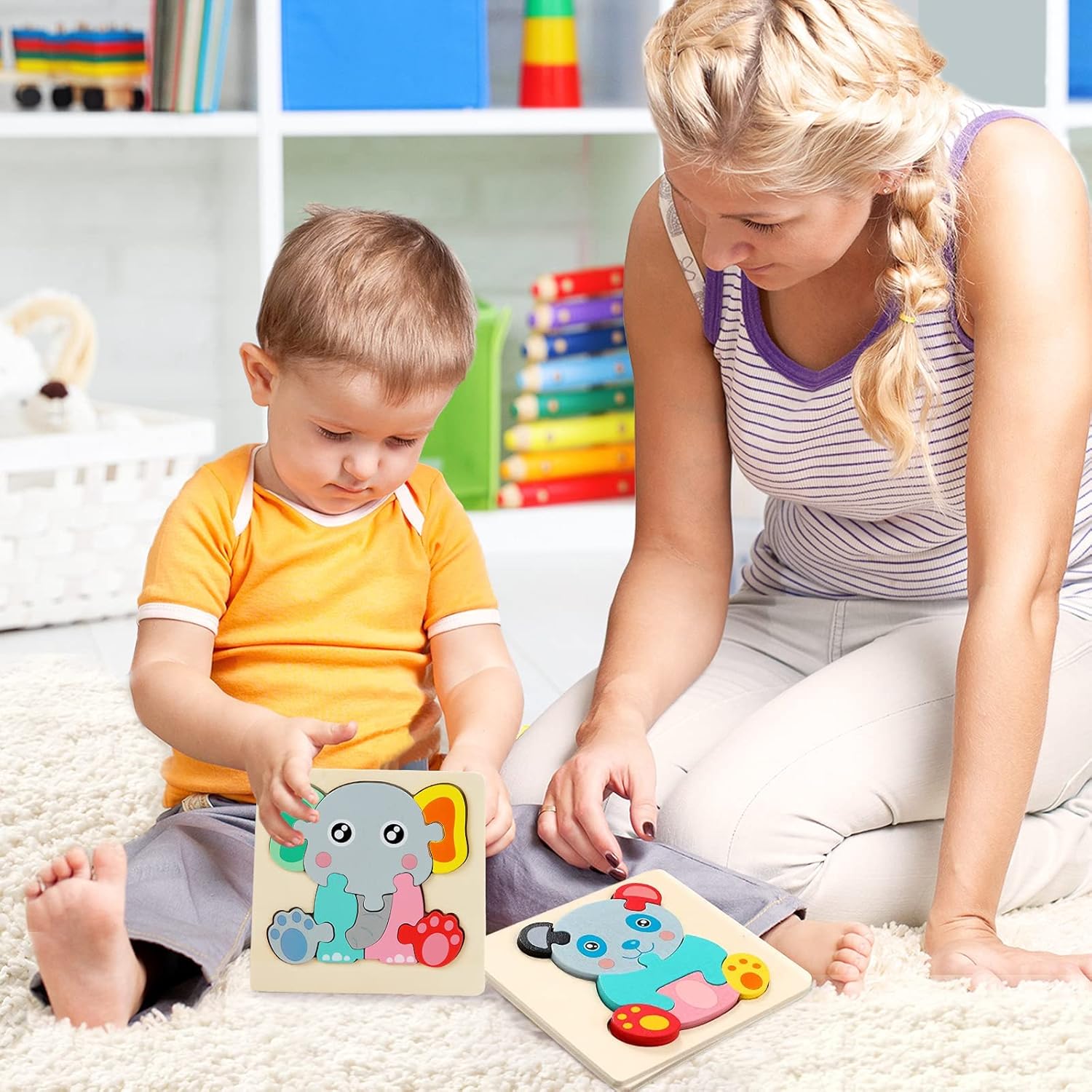 Juego de rompecabezas de madera Fidtoy, 6 unidades, juguete de aprendizaje Montessori
