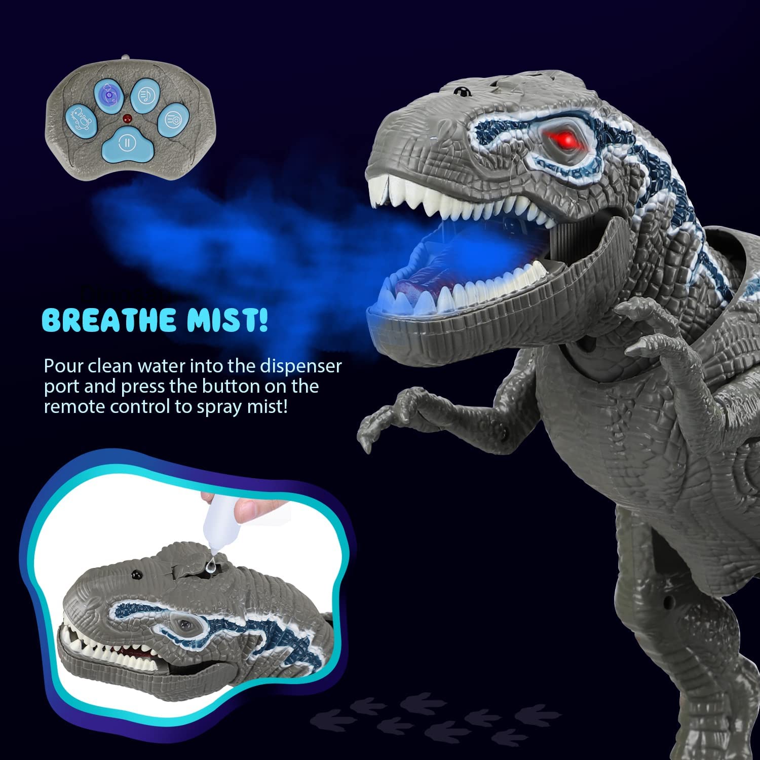 Juguete de dinosaurio T-Rex con control remoto Fidtoy y pulverizador de niebla para niños