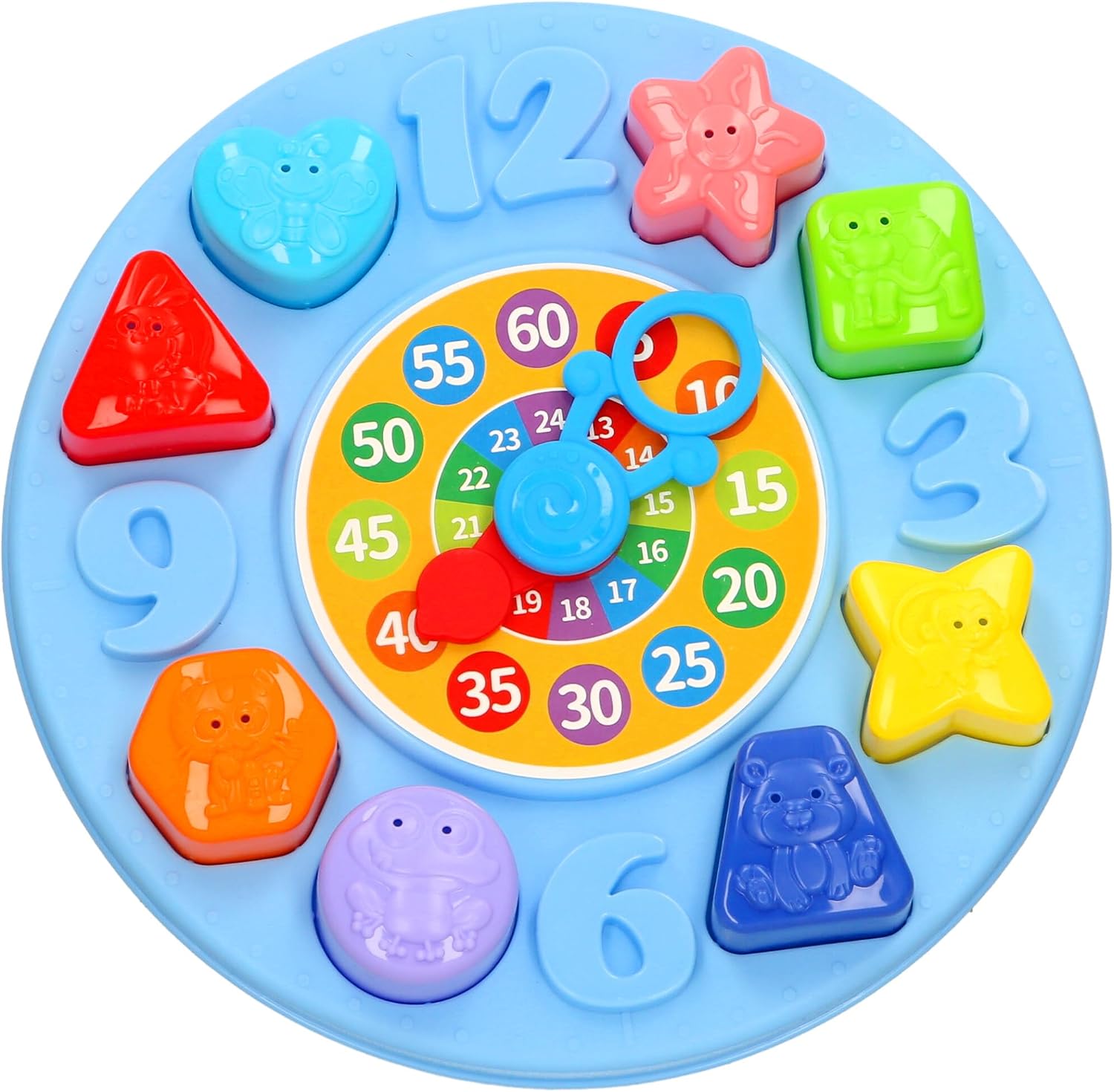 Fidtoy Teach Time Learning Clock Toy for Kids, Plastic Manual Time-Telling Clock with Number Learning and Shape Sorting Activity, 10.24 Inch Educational Toy