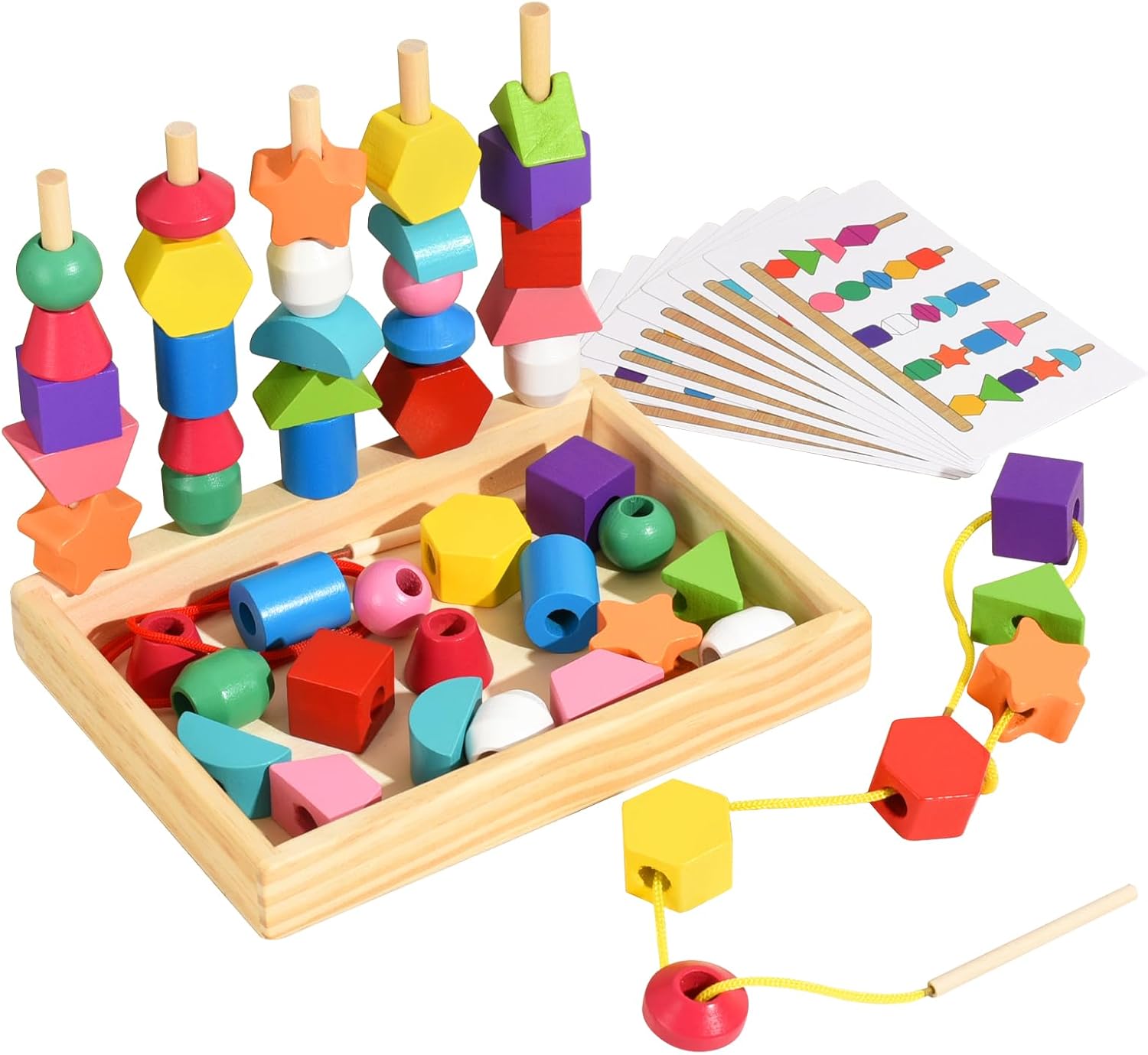 Fidtoy Montessori Juego de emparejar formas de madera, juguete de secuencia y enhebrado para niños pequeños