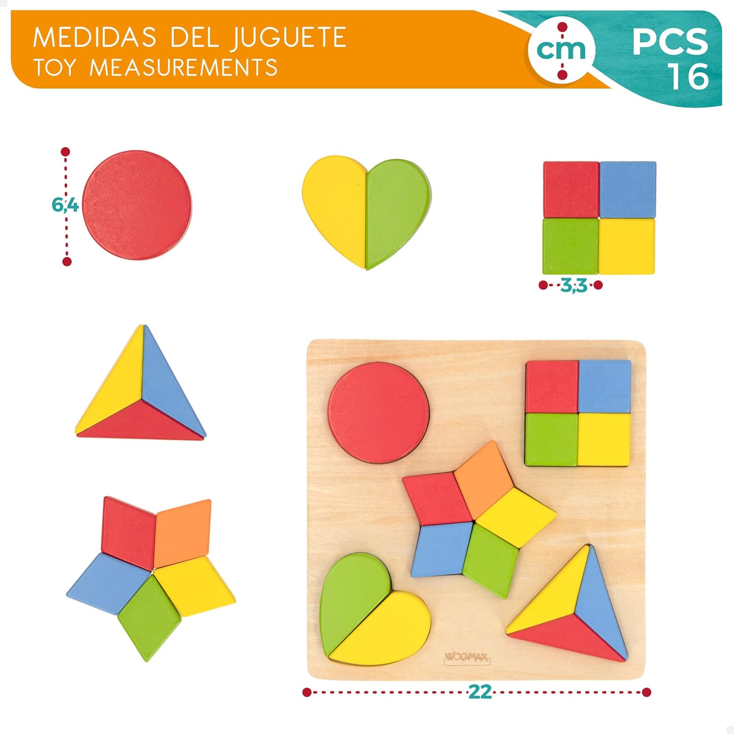 WOOMAX 49358 49358 Wooden Puzzle Geometric Shapes + 24 m Colourful Normal