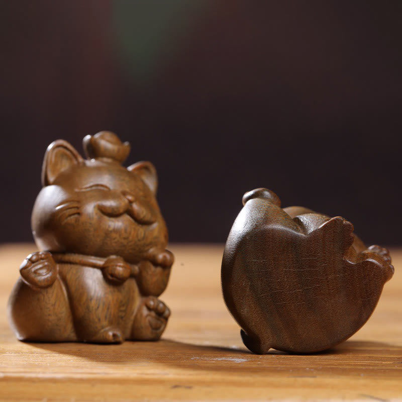 Buddha Stones Mini Green Sandalwood Ingot Lucky Cat Carved Peace Desk Decorations Decorations BS 7