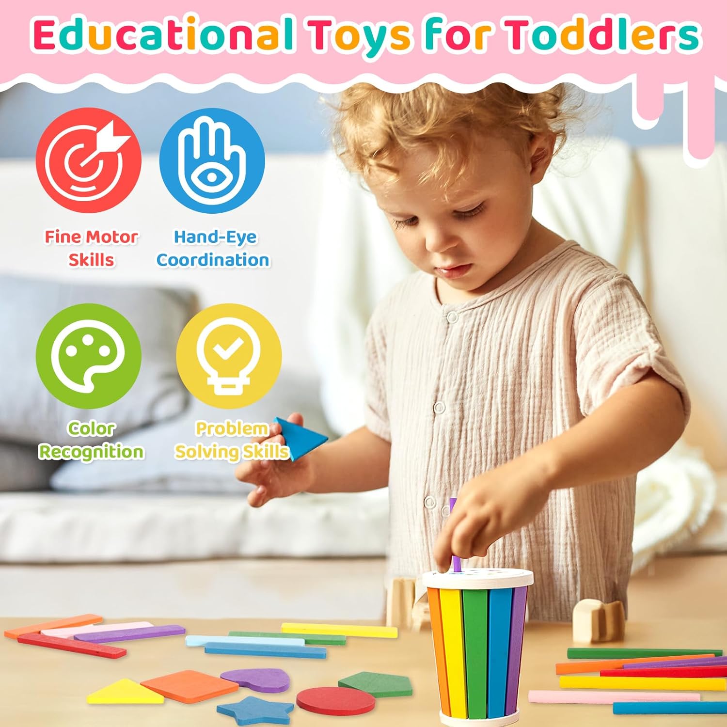 Fidtoy Color Sorting Activity Wooden Bucket Montessori Shape Sorting Toy for Toddlers