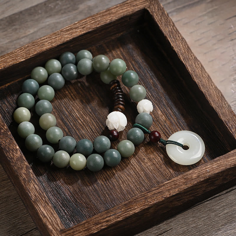 Buddha Stones Cyan Bodhi Seed Lotus Jade Peace Buckle Wisdom Double Wrap Bracelet Mala Bracelet BS Cyan Bodhi Seed