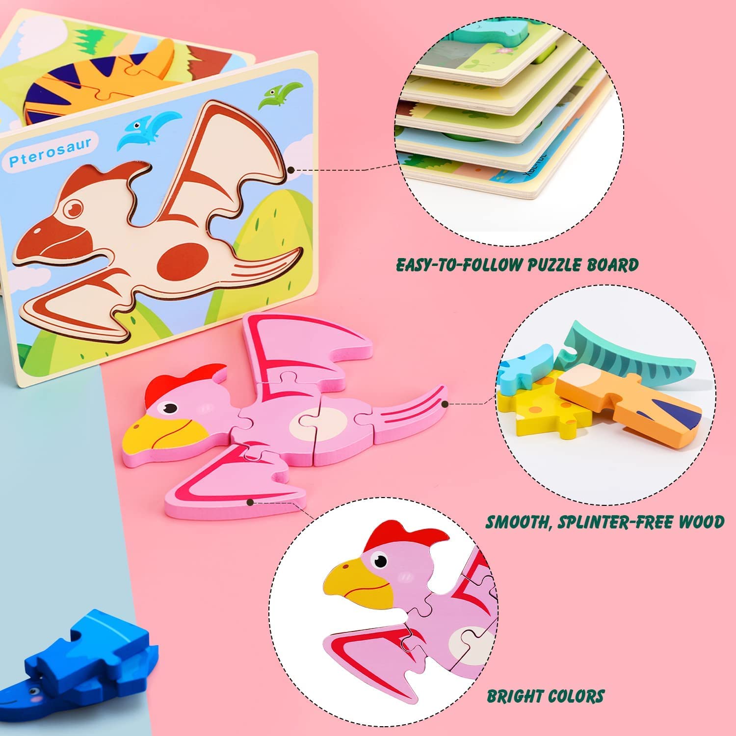 Fidtoy Dinosaur Wooden Puzzle Set for Kids Early Learning Toy