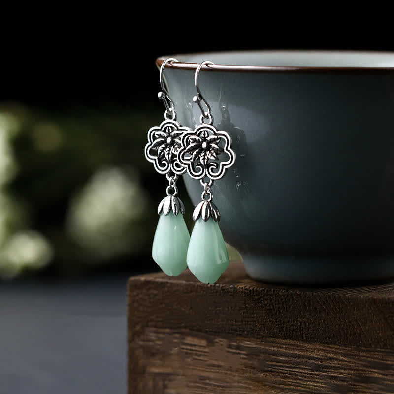 Buddha Stones Magnolia Flower Jade Water Drop Prosperity Dangle Earrings Earrings BS Jade(Prosperity♥Abundance)