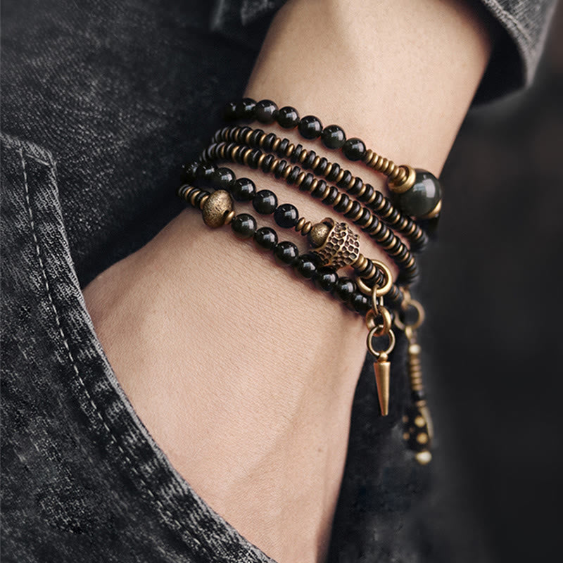 Buddha Stones Rainbow Obsidian Ebony Wood Copper Positive Multilayer Bracelet Bracelet BS 10