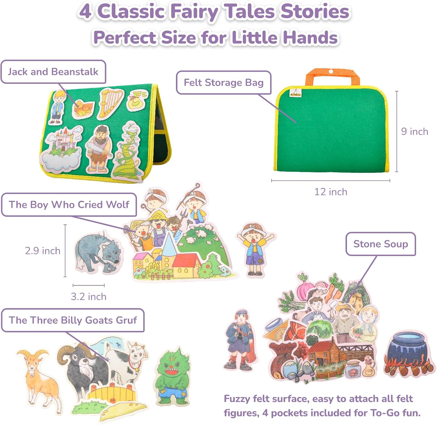 CHEFAN Felt/Flannel Board Story Set of 4, PRECUT Felt Pieces for Preschool Toddlers, Stone Soup, The Three Billy Goats Gruff, Jack and Beanstalk, The Boy Who Cried Wolf
