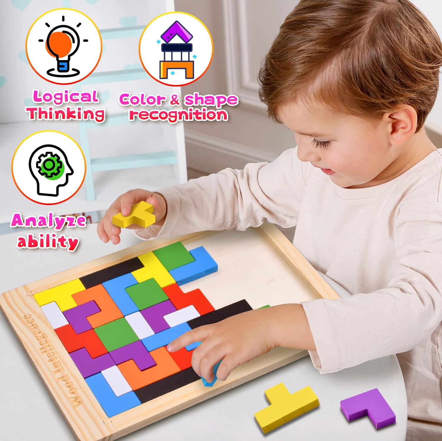 Fidtoy Wooden Russian Blocks Puzzle, 40 Piece Wooden Tetris-Style Block Puzzle with Baseboard, Colorful Shape Sorting Brain Teaser for Spatial Reasoning and Creative Pattern Building Ages 3+