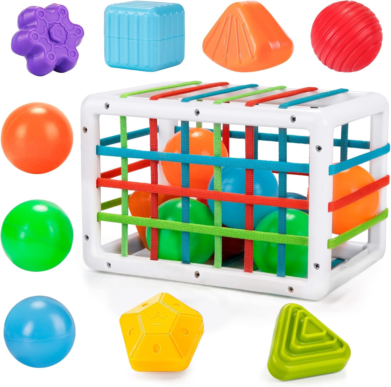 Fidtoy Shape Sorting Baby Box Sensory Play for 12+ Months, Plastic Montessori Shape Sorter Cube with 6 Textured Blocks, 3 Balls, Elastic Band Activity and Fine Motor Sensory Learning Toy