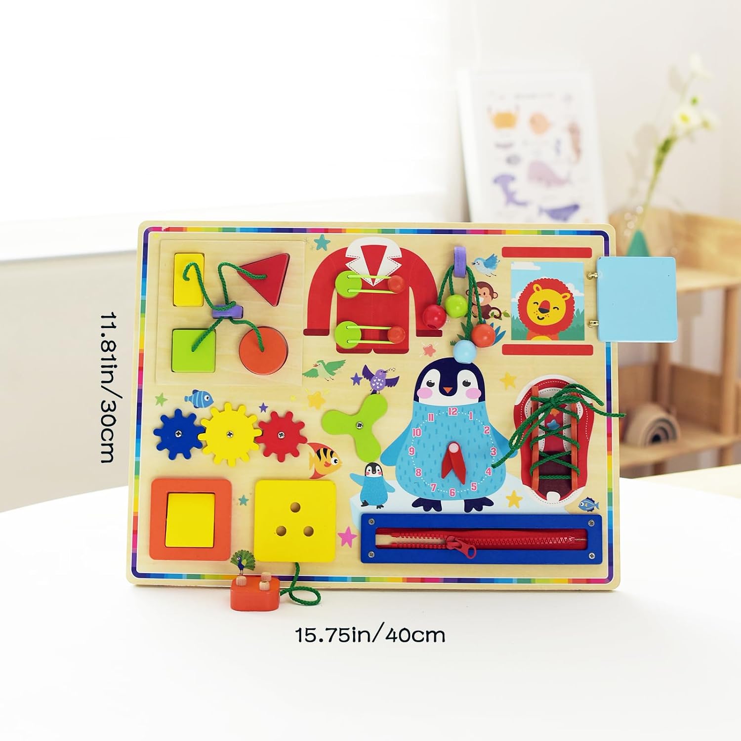 Fidtoy 10in1 Wooden Sensory Busy Board Activity for Toddlers, Wooden Montessori Practical Life Activity Board with Xylophone, Maze, Shape Sorter, Zipper, Clock, Gears and Switches Ages 2-4