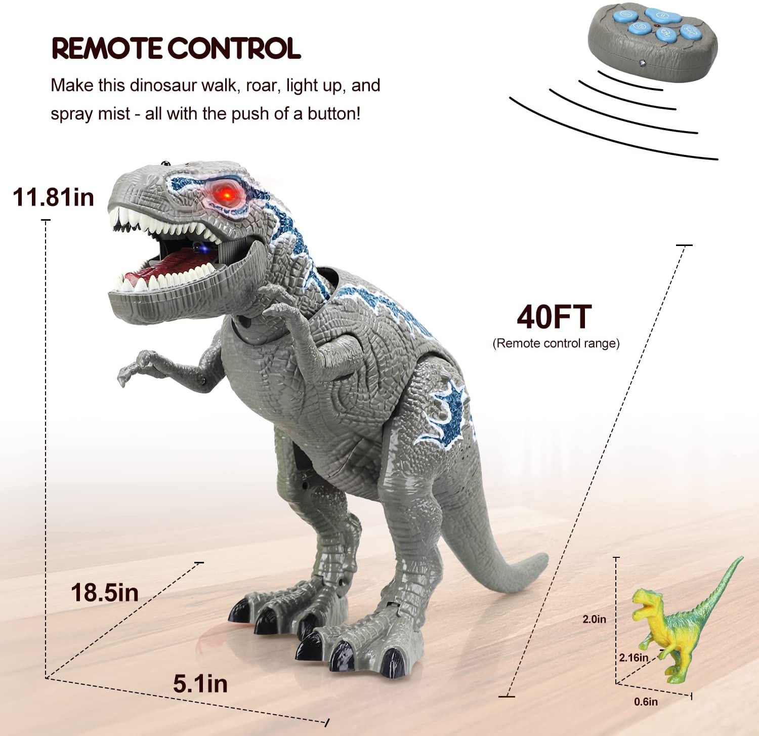 Juguete de dinosaurio T-Rex con control remoto Fidtoy y pulverizador de niebla para niños