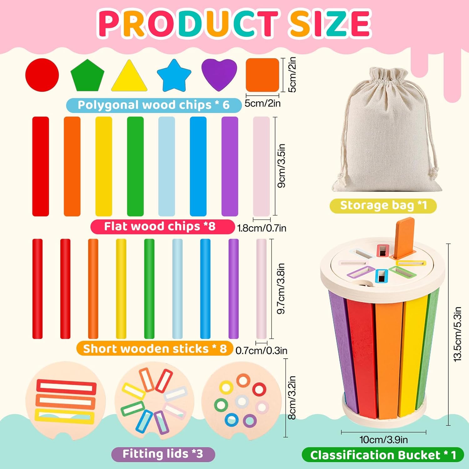 Fidtoy Color Sorting Activity Wooden Bucket Montessori Shape Sorting Toy for Toddlers