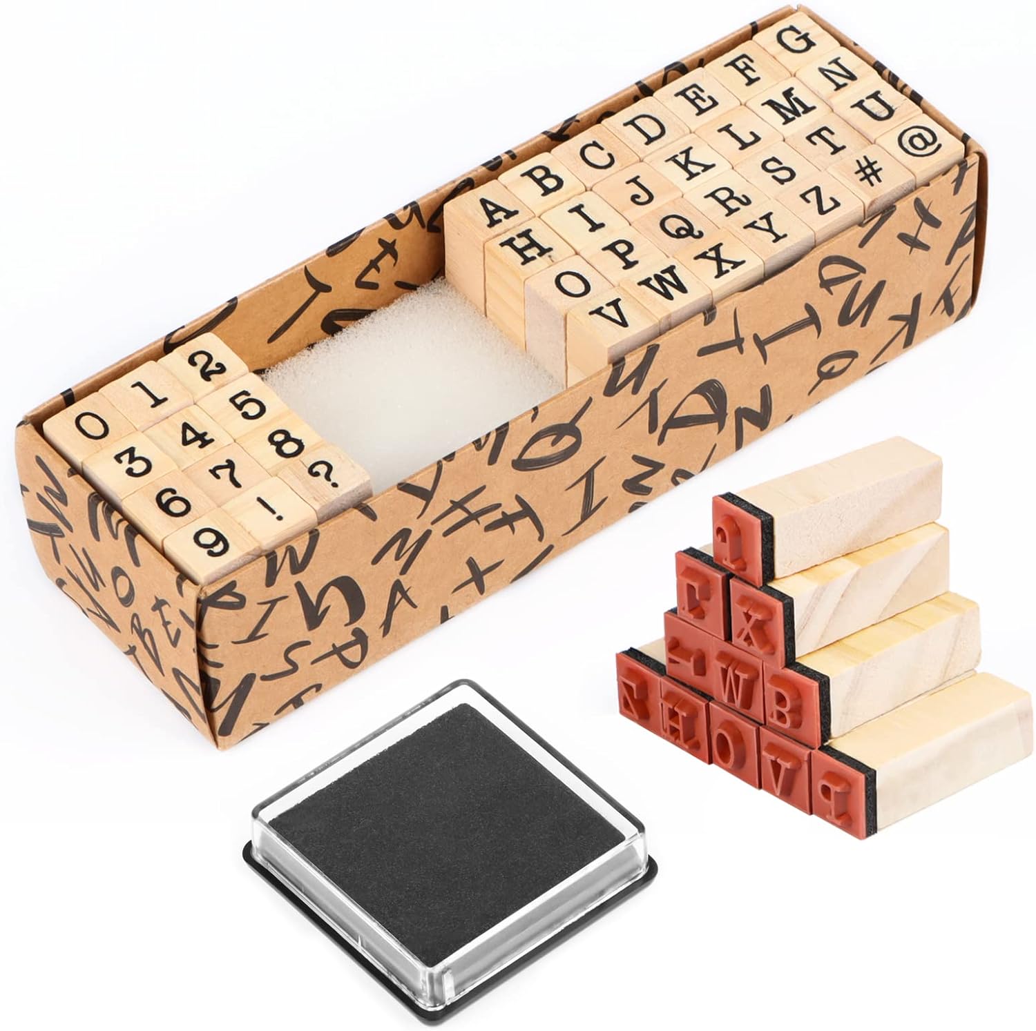 Fidtoy Wooden Number and Letter Stamp Set 40 Pieces Alphabet Rubber Stamps with Inkpad for Kids DIY Cards Scrapbooks Journals Ages 3+