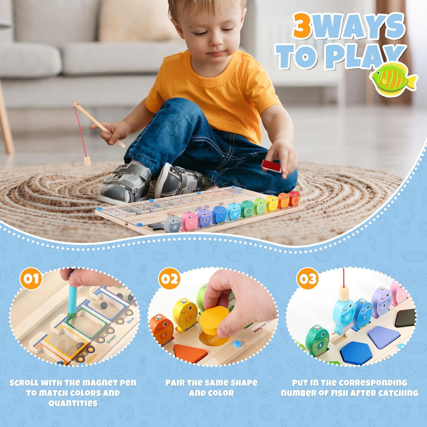 Fidtoy 3 in 1 Montessori Magnetic Maze Toy for Toddlers Color Sorting Shape Matching Fishing Game Learning Board Fine Motor Skills Educational Travel Toy