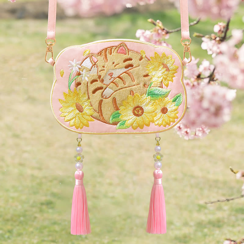 Buddha Stones Embroidery Lucky Panda Cat Shiba Inu Deer Rabbit Fox Flower Cute Animal Hanfu Bag Crossbody Bag Shoulder Bag Bag BS Orange Cat