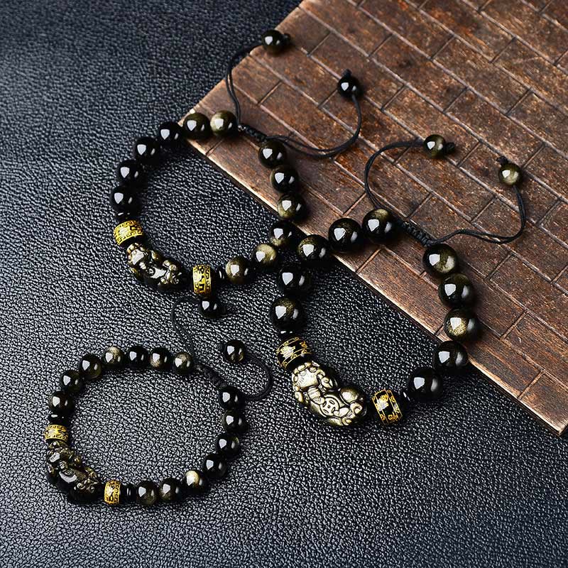 Buddha Stones Natural Gold Sheen Obsidian PiXiu Om Mani Padme Hum Wealth Braided Bracelet Bracelet BS 1