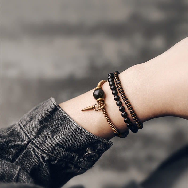 Buddha Stones Rainbow Obsidian Ebony Wood Copper Healing Triple Wrap Bracelet Bracelet BS 6