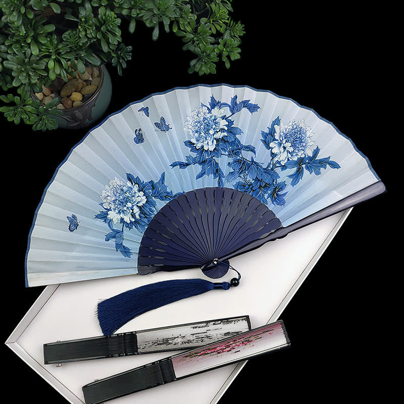Buddha Stones Vintage Bamboo Peony Butterfly Lotus Handheld Silk Folding Fan With Bamboo Frames Folding Fan BS 8