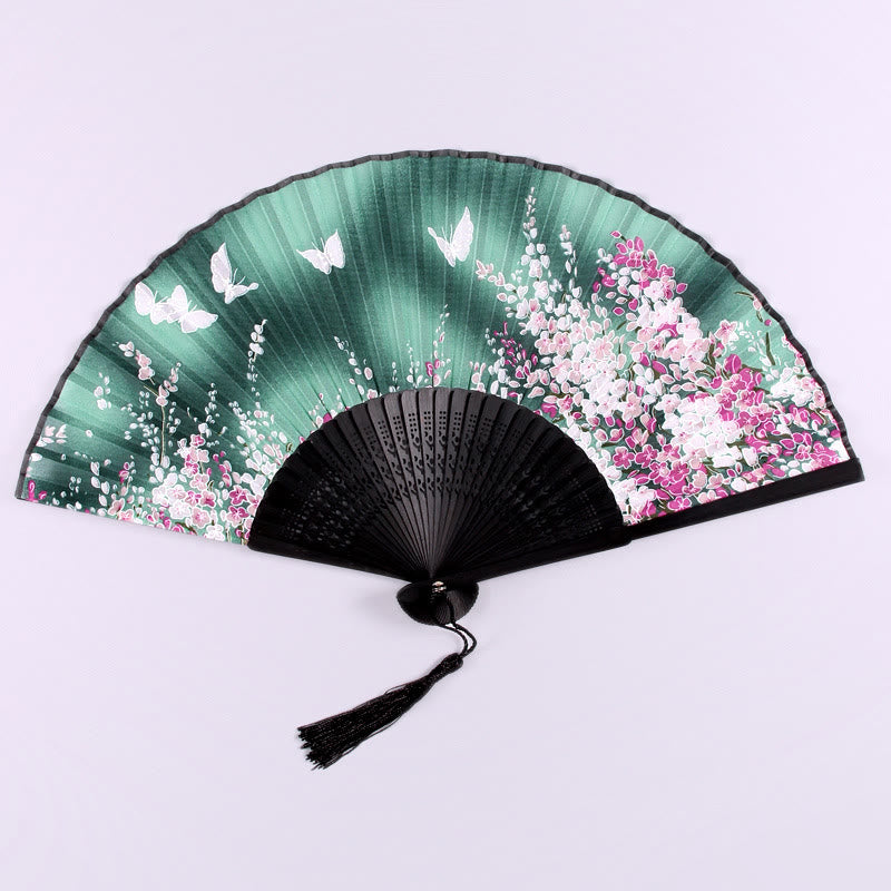 Buddha Stones Butterfly Flowers Handheld Silk Bamboo Folding Fan