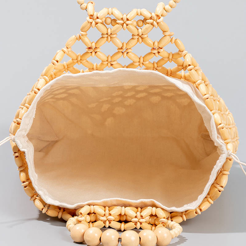 Buddha Stones Hand-woven Fishing Line Braiding Mesh Hollow Wooden Beads Handbag Handbags BS 2
