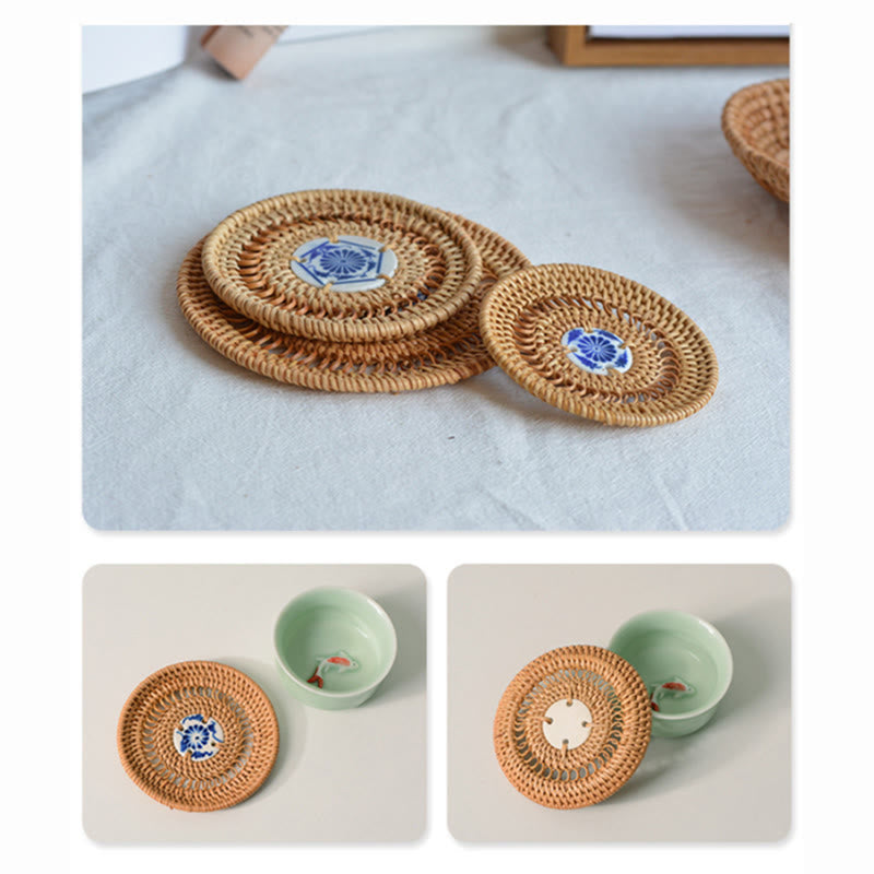 Buddha Stones Ceramic Flower Pattern Rattan Cup Mat Tea Cup Coaster Decorations BS 5