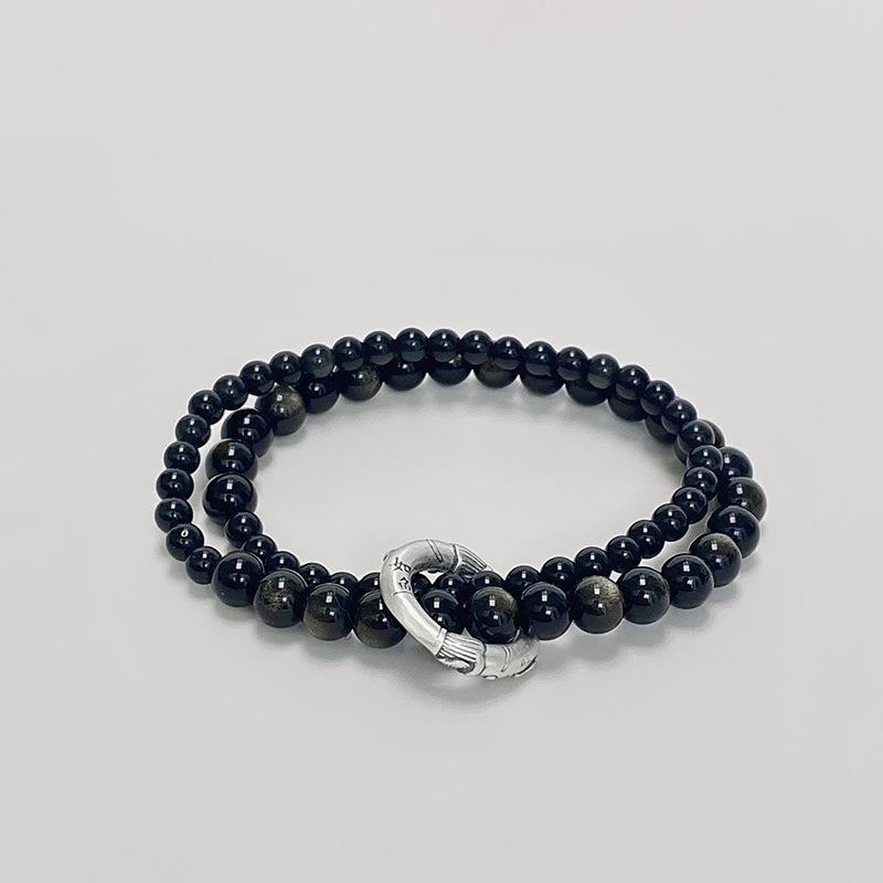 Buddha Stones 999 Sterling Silver Black Obsidian Fulfillment Strength Double Layer Bracelet Bracelet BS Black Obsidian(Wrist Circumference 14-16cm)