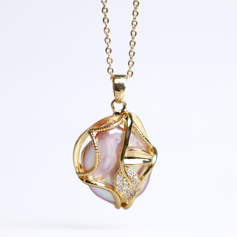 Buddha Stones 18K Gold Plated Copper Natural Baroque Pearl Flower Sincerity Necklace Pendant 6