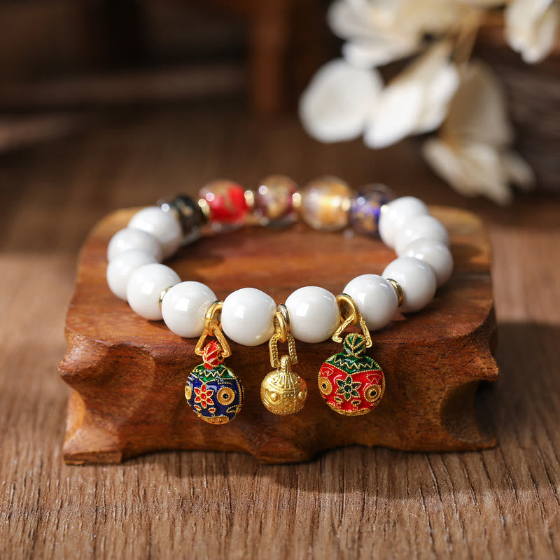 Buddha Stones Gold Swallowing Beast Family Charm Liuli Glass Colorful Porcelain Bead Luck Bracelet Bracelet BS Gold Swallowing Beast Family&Multicolored Gold Silver Foil Bead