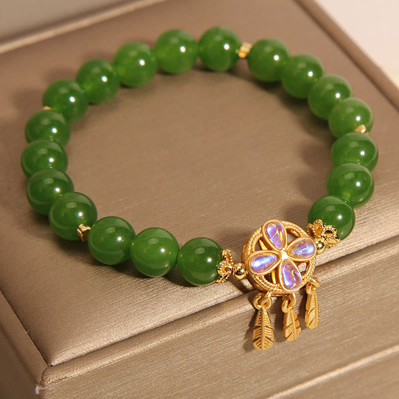 Buddha Stones Green Jade Dreamcatcher Four Leaf Clover Luck Bracelet Bracelet BS 2